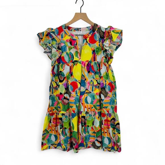TCEC Dresses & Skirts - TCEC Vibrant Abstract A-Line Cotton Dress Colorful Tiered Mini Ruffle Size L